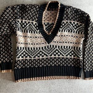 V-Neck Fair Isle Knit Sweater in Black and Cream